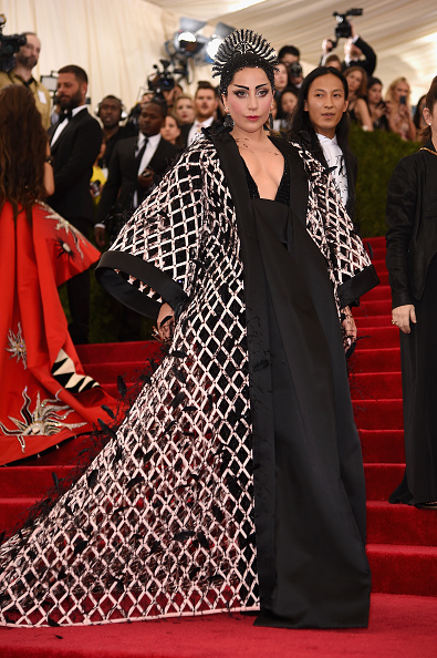29 year old Performer Lady Gaga is wearing black and white custom Balenciaga by Alexander Wang.